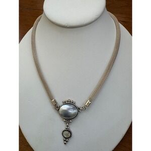 Oval Rainbow Moonstone Pendant 925 Silver Signed 2 T.C. Rope Chain